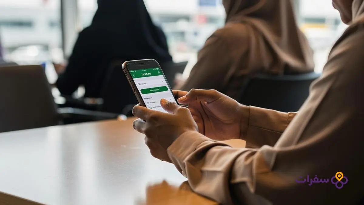 شخص يستخدم هاتفه لحجز رحلة عمرة عبر الإنترنت